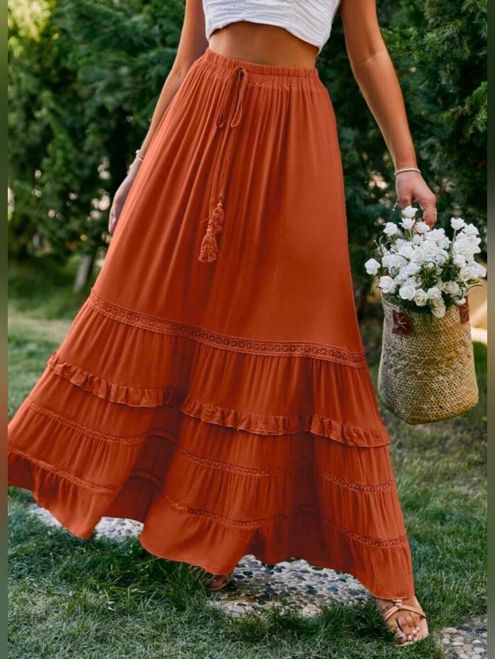 New Boho Flowy Ruffle Lace Long Skirt Red Rust Orange